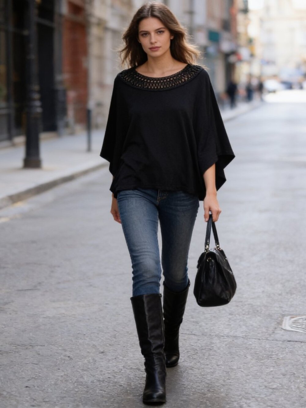 Women's Black Embroidered Neck Poncho Blouse Top with Hidden Sleeves
